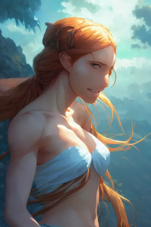 Image similar to long ginger hair, tanned woman in a prehistoric outfit, green eyes, by artgerm, hair tied in a ponytail, white backdrop, soft lighting, blue colors, by greg rutkowski makoto shinkai takashi takeuchi