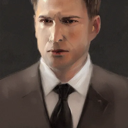 Image similar to Portrait of a man by Greg Rutkowski, he is about 40 years old, mixture between russian and irish, coiffed brown hair, attractive, extremely pale white skin, smart looking, he is wearing a black futuristic lawyer outfit, highly detailed portrait, scifi, digital painting, artstation, concept art, smooth, sharp foccus ilustration, Artstation HQ