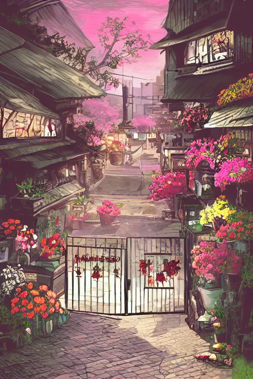 Image similar to a little flower shop's front gate, nostalgic, digital illustration, dramatic lighting, pixiv