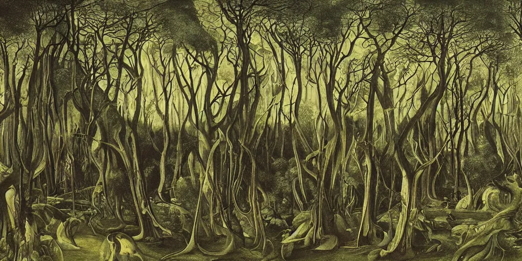 Prompt: a highly detailed landscape painting of an electric forest by bosch, by giger, by beardsley, lush greenery and lightning bolts