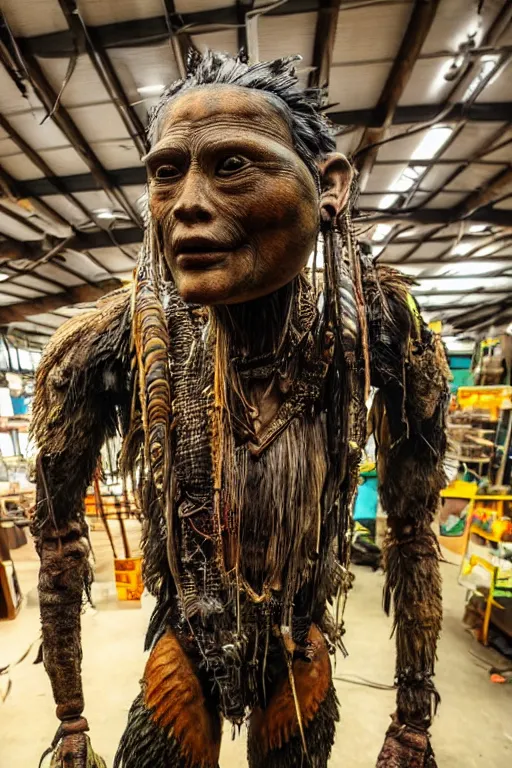 Image similar to photo taken of an epic intricate, ultra detailed, super realistic gritty, hero prop, exquisitely weathered animatronic movie prop of a lifelike sculpture of a huaorani ecuadorian amazon tribe creature displayed in the workshop, created by weta workshop, full body shot, photorealistic, sharp focus