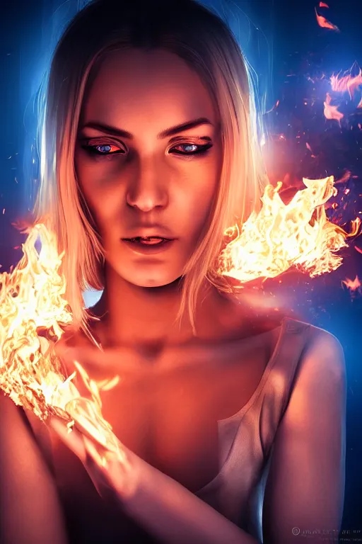 Image similar to gorgeous young blonde woman playing with flames coming out of her eyes wearing t-shirt, cyberpunk, realistic, high definition, many details, dramatic scene, symmetrical face, realistic eyes, unreal engine art 5