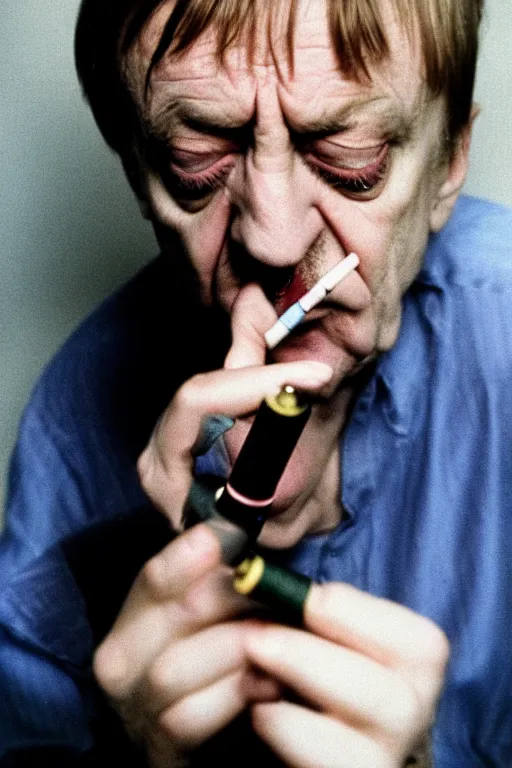 Image similar to highly detailed full colour photo of Mark E Smith, smoking a cigarette