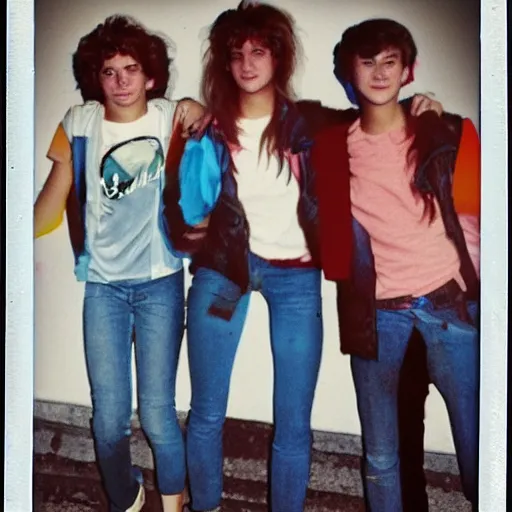 Image similar to French teenagers in the 80's, flash color polaroid, detailed