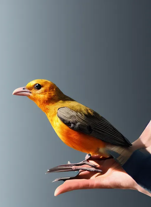 Prompt: a bird with two human hands, hyperrealism, no blur, 4 k resolution, ultra detailed,