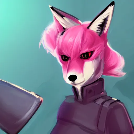 Prompt: digital art artstation, pixiv, portrait of a robotic fox with pink hair, character fursona furry fandom, furaffinity