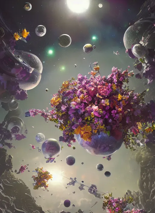 Image similar to An epic fantastic realism comic book style painting of the most beautiful flowers launched into space, perfect shiny silver iridescent spheres, bouquets, fisheye lens, unreal 5, DAZ, hyperrealistic, octane render, dynamic lighting