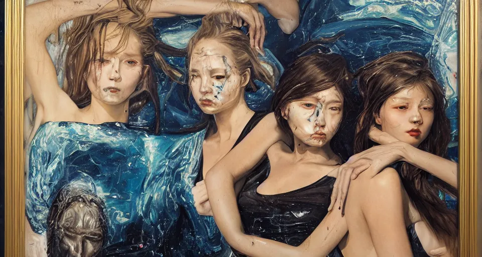 Prompt: hyperrealism oil painting, portrait of group, female melted cyborgs fashion models, , sense of mystery and loneliness, childhood memory, old artbook, ocean pattern and night sky, in style of classicism mixed with 70s japan book art