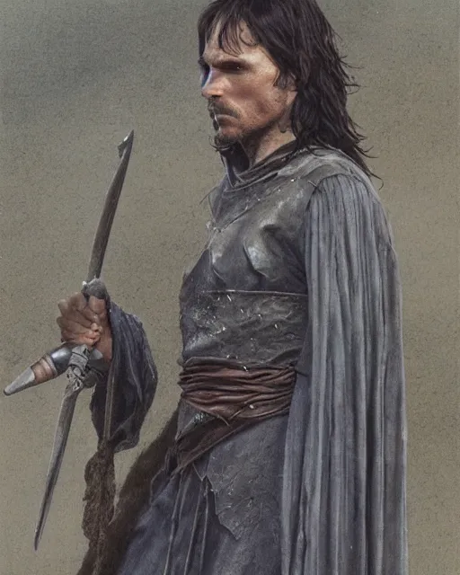 Prompt: Christian bale as Aragorn, by Alan Lee and John howe, at sunset, concept art, detailed clothing, featured on art station, matte painting