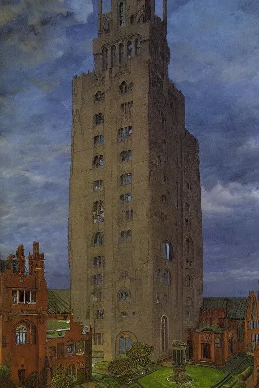 Image similar to view of the old tower and its gardens after a storm, tall windows lit up, beautiful ornamental architecture, dramatic cinematic lighting, rich colors, by Caspar David Friedrich and Diego Rivera and ford madox brown and Nicholas Roerich , smooth, sharp focus, extremely detailed, featured on artstation