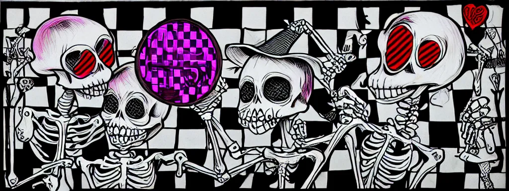 Image similar to ska skeleton and girlfriend, 8 0 s checkerboard 6 6 6, digital art, chalk, ultra detailed by tara mcpherson and gary houston, 3 5 mm