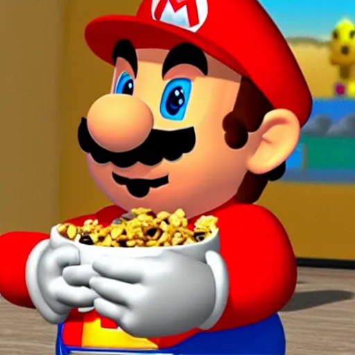 Image similar to super mario eating a bowl of cereal