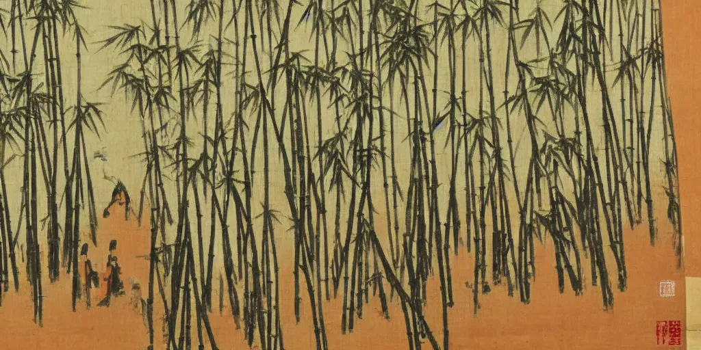 Prompt: a 1 9 6 0 s han dynasty bamboo forest landscape painting
