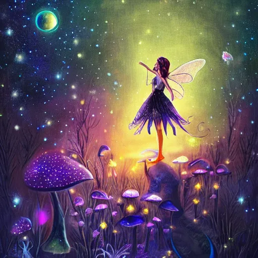 Image similar to attractive, fairy, in the night, fantasy, crescent moon in background, luminous, toadstools, fireflies, fantasy, highly detailed painting, mid shot, 8 k realistic, fantasy, mist, sharp focus