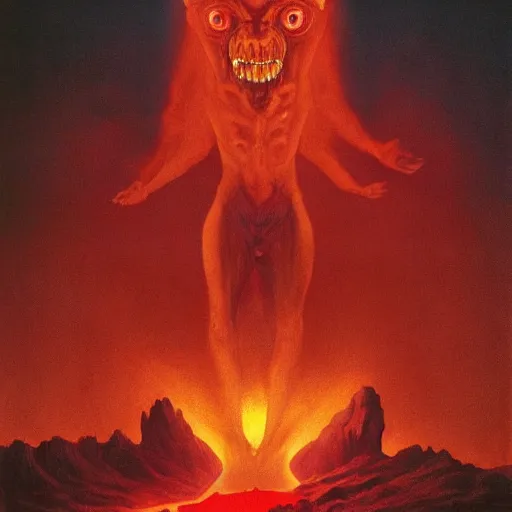 Prompt: Full body photo of asmodeus, he has eyes of fire, he is looking straight to the camera, he has a glow coming from him, she is getting illuminated by lava, behind is an ancient hellscap, Edward Hopper and James Gilleard, Zdzislaw Beksinski, Mark Ryden highly detailed