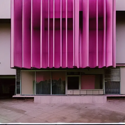 Prompt: parametric architecture museum. the museum stands in a city. facade in faded pink fabric, morning fog, 1 6 mm camera lens