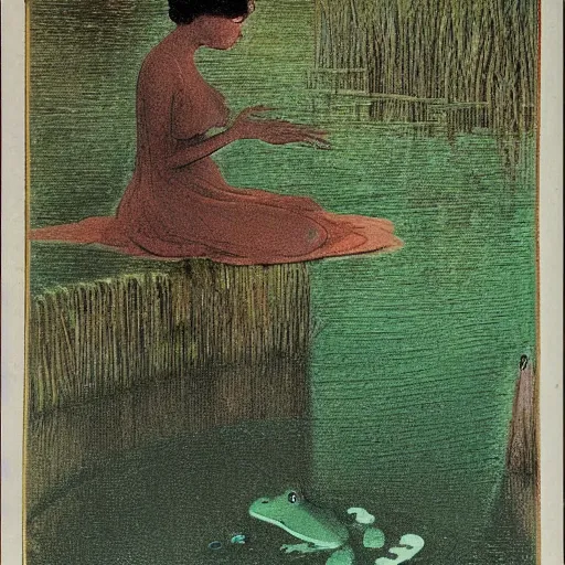 Image similar to Print. a young girl is sitting on the edge of a pond, with her feet in the water. She is looking at a frog that is sitting on a lily pad in the pond. copper verdigris, Things Stranger by Hugh Ferriss manmade