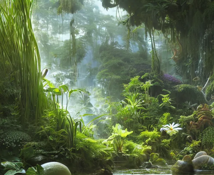 Image similar to simplicity, transparent clear see - through image of mollusks, lush botany, orchids, ferns, garden environment, ultra realistic, concept art, art nouveau, photorealistic, octane render, 8 k, unreal engine. art by gustave dore and nori inoguchi and sam kaplan and zachary goulko and christopher marley and artgerm and alphonse mucha