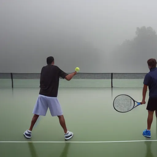 Prompt: two men playing tennis at a ping court in the misty morning surrounding by water