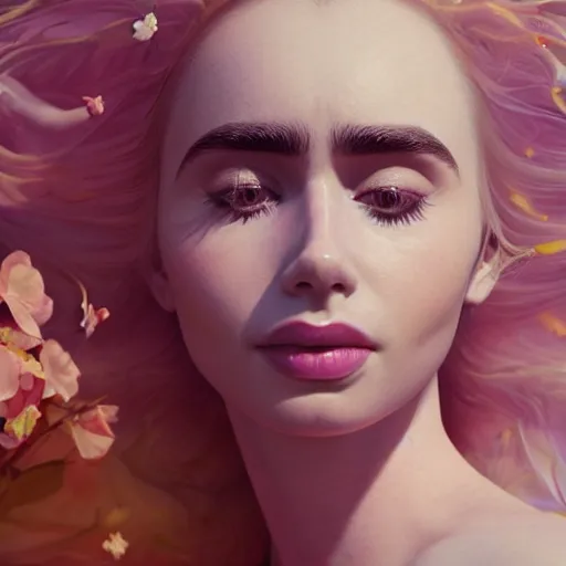 Image similar to a beautiful blonde queen girl lily collins, floating under the deep dream water, beautiful smooth soft light + white petal, oil paint, cinematic lighting, octane render, unreal engine 5, closeup, 4 k, highly detailed, instagram,