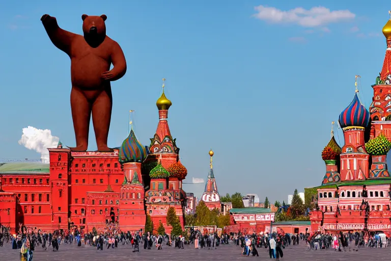 Image similar to a gigantic statue of bear in the middle of the red square, excited russians, symmetry, awesome exposition, very detailed, highly accurate, 8 k