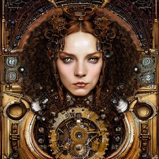 Image similar to A steampunk beautiful goddess, she is curly, she is embellished with gears wheels and gemstones, by William Holman Hunt, Greg Rutkowski, Stanely Artgerm, Tooth Wu, Peter Gric, Aaron Horkey, trending on Artstation, digital art, mythological, symmetrical artwork, cinematic lighting, hyper realism, high detail, octane render, ultra realistic, golden ratio, 4k, 8k