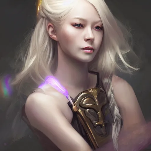 Image similar to a digital painting of a woman with blonde hair, a character portrait by feng zhu, cgsociety, fantasy art, ethereal glow, light white rainbow nails and a glowing chromatic sword behind her, medieval armour, waterfall, crocodile, tamborine, salt shaker, happy friend, fire, lamps, artstation hq, artstation hd, fantasy