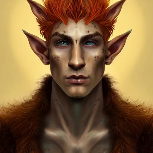 Image similar to portrait painting of an elven eladrin young man with short light orange hair and freckles and tribal tattoos on his cheekbones wearing fancy fur armor, sharp focus, award - winning, trending on artstation, masterpiece, highly detailed, intricate. art by merwild and ernesto irawan and rachel denton