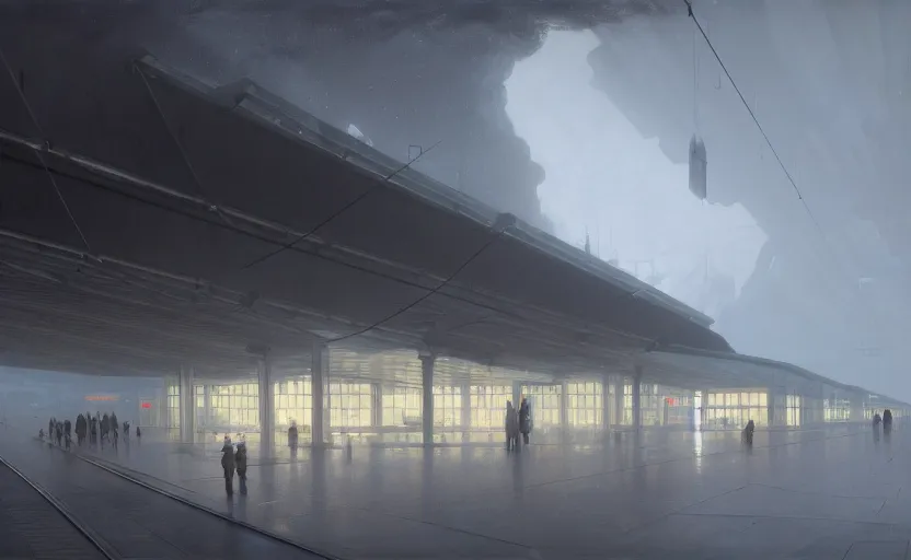 Image similar to painting of a wide angle exterior shot of a white modern futuristic utopian train station with cinematic lighting by peter zumthor and renzo piano, darek zabrocki and greg ruthkowski, alphonse mucha, simon stalenhag and cinematic and blue cold atmospheric, holy place, atmospheric, archillect concept art, artstation, trending on artstation