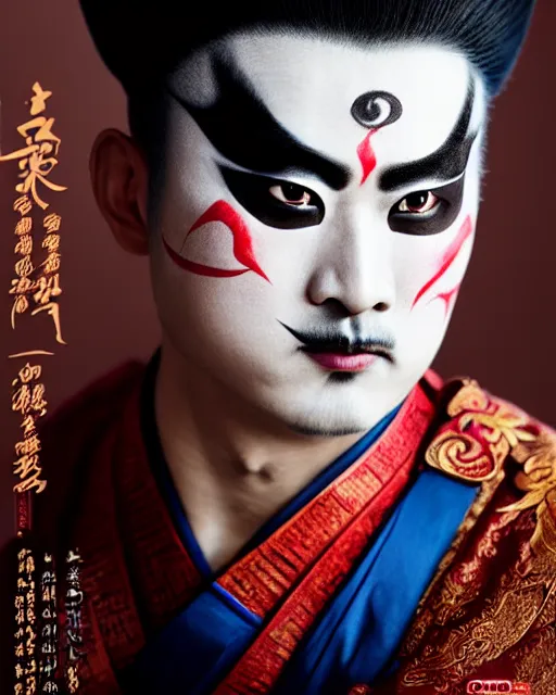 Image similar to photo of a Dramatic Peking Opera male character wearing elaborate makeup with Sanskrit devanagari script words painted on face in the style of stefan kostic, realistic, sharp focus, symmetric, 8k high definition, insanely detailed, intricate, elegant, art by stanley lau and artgerm, William-Adolphe Bouguereau