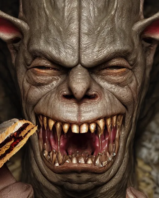 Image similar to highly detailed bosch closeup, face profile portrait of a medieval goblin eating cakes in the cathedral, depth of field, fashion photoshoot by hyung tae, frank frazetta, bosch, giger, breathtaking, detailed and intricate environment, 8 k resolution, hyperrealistic, octane render