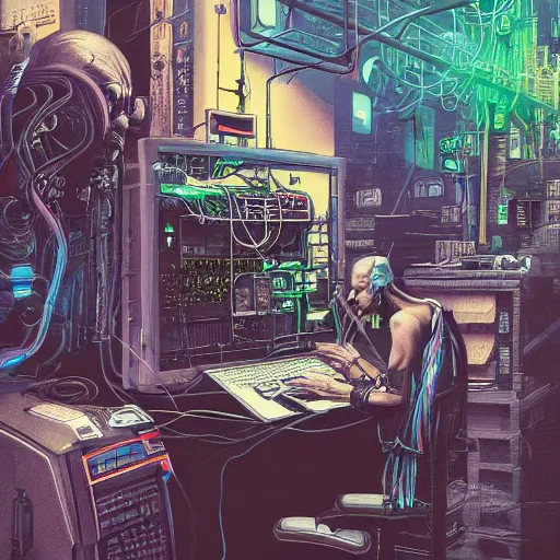 Image similar to cyberpunk goth old man cyborg working on cyberpunk computer in cyberpunk farmers market by william barlowe and pascal blanche and tom bagshaw and elsa beskow and enki bilal and franklin booth, neon rainbow vivid colors smooth, liquid, curves, very fine high detail 3 5 mm lens photo 8 k resolution