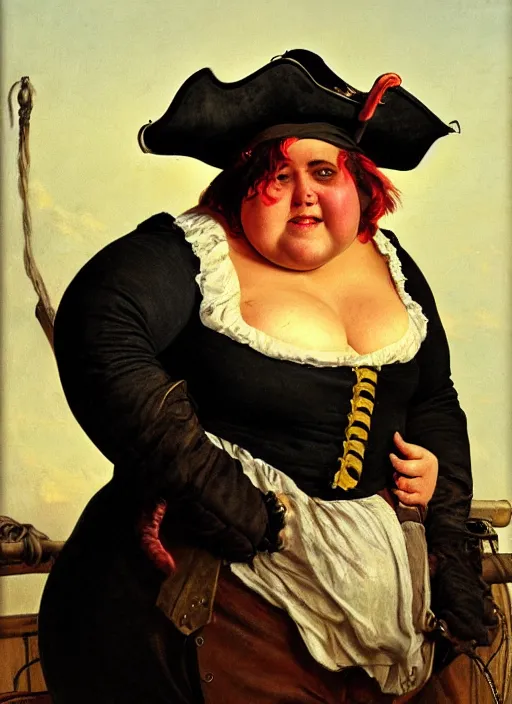 Image similar to close - up portrait of a morbidly obese female pirate with two peglegs and two hook hands, detailed dynamic light painting by albrecht anker