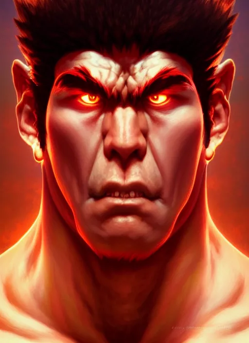 Image similar to symmetry!! portrait of evil ryu, street fighter iv, global illumination!! intricate, elegant, highly detailed, digital painting, artstation, concept art, smooth, sharp focus, illustration, art by artgerm and greg rutkowski and alphonse mucha