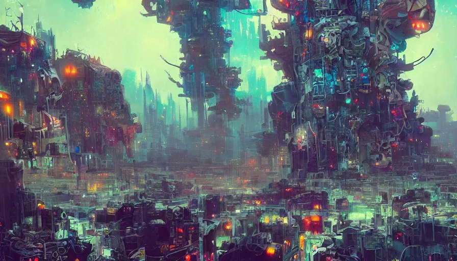 Prompt: psychedelic cyberpunk scifi vast detailed city endless vastness and gigantic size and detail, very dark and abandoned, only dark colours, allegorical style, by peter mohrbacher, jeremy mann, francoise nielly, van gogh, ross tran, beautiful, award winning scenery