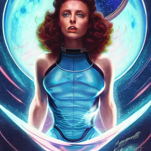 Image similar to Aly Michalka as a stunning , beautiful retro SCI-FI space heroine 1985 , movie poster, intricate, elegant, highly detailed, centered, digital painting, trending on artstation, concept art, smooth, sharp focus, illustration, art by artgerm and donato giancola and Joseph Christian Leyendecker, Ross Tran, WLOP