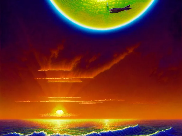 Prompt: the sun rising just above the horizon over the sea by josan gonzalez and tim hildebrandt and donato giancola and ted withers and gil elvgren and peter driben and greg rutkowski and roberto ferri, green water, synthwave, retrowave, highly detailed, high contrast, intricate details, blended palette, trending on art station, stunning visuals, creative, cinematic