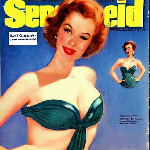 Prompt: christina hendricks on the cover of swimsuit illustrated 1 9 5 0 by earl norem