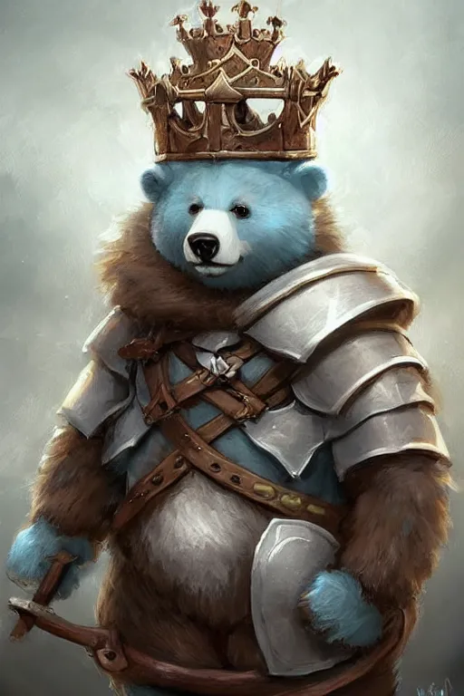 Image similar to cute little anthropomorphic bear knight wearing a cape and a crown, tiny, small, miniature bear, baby animal, short, pale blue armor, cute and adorable, pretty, beautiful, DnD character art portrait, matte fantasy painting, DeviantArt Artstation, by Jason Felix by Steve Argyle by Tyler Jacobson by Peter Mohrbacher, cinematic lighting