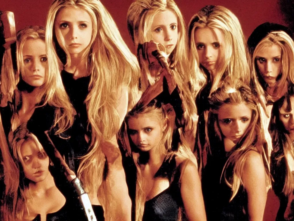 Prompt: Buffy the Vampire Slayer fighting vampires