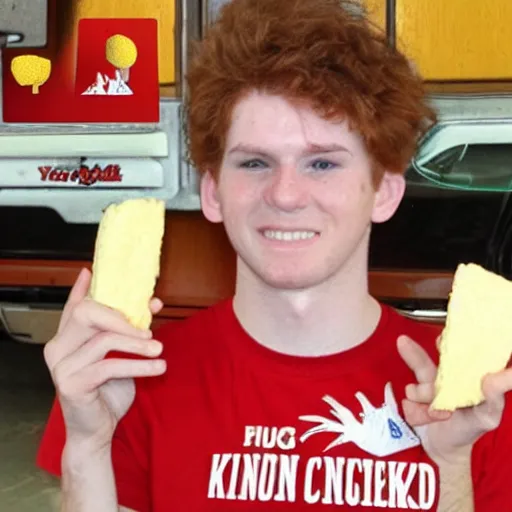 Image similar to photo of a young man with auburn hair, freckles, green eyes, and a kentucky fried chicken employee shirt, holding a piece of cheese shaped like kentucky