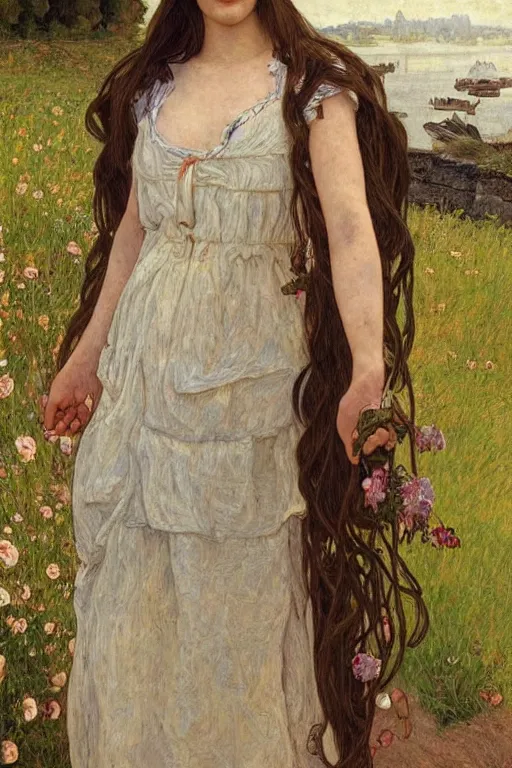 Image similar to beautiful natural coy liv tyler cottagecore peasant maiden farmer girl by the riverside, intricate, elegant, highly detailed, digital painting, artstation, concept art, smooth, sharp focus, illustration, art alphonse mucha and james gurney and egon schiele