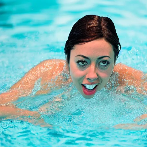 Image similar to photograph of aubrey plaza swimming in a pool, highly detailed, symmetrical, nikkor 8 5 mm f / 1. 8 g