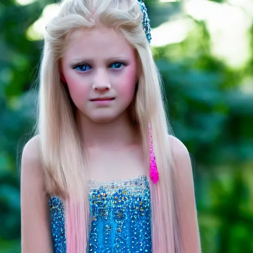 Image similar to a beautiful young princess with long blonde hair and blue eyes wearing a sleeveless elaborately beaded pink dress, high resolution film still, 8k, HDR color, film by Simon Langton and David Frankel