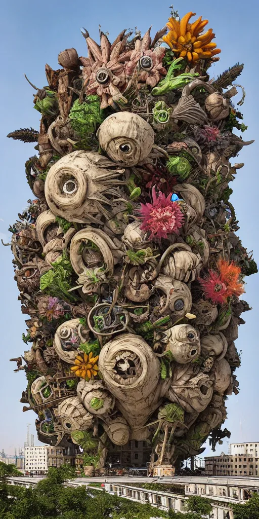 Image similar to colossal grotesque prehistoric flower made from best unfulfilled mankind projects in the middle of abandoned post soviet constructivist cityscape, Stalinist architecture, ultradetailed, Intricate by Hayao Miyazaki and Josan Gonzalez and Makoto Shinkai and Giuseppe Arcimboldo and Wes Anderson