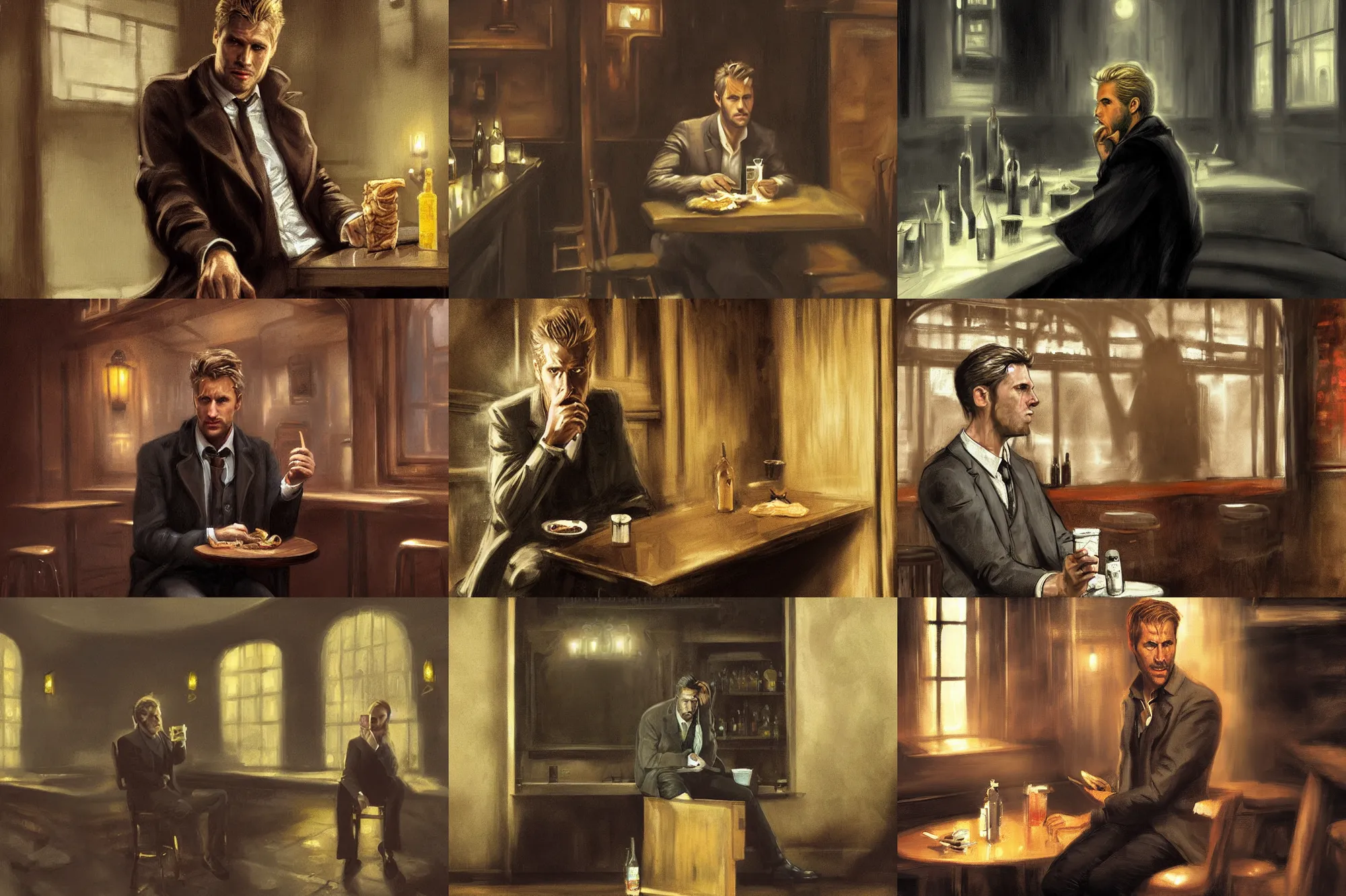 Prompt: matte painting character illustration of john constantine sitting down in a shadowed corner of the room at a dive bar in london eating a sandwich, digital painting, illustration, john singer sargent, gothic, amazing values, 8 k, symmetrical face details, realistic face details, realistically rendered face, realistic eyes, moody lighting, blonde british man