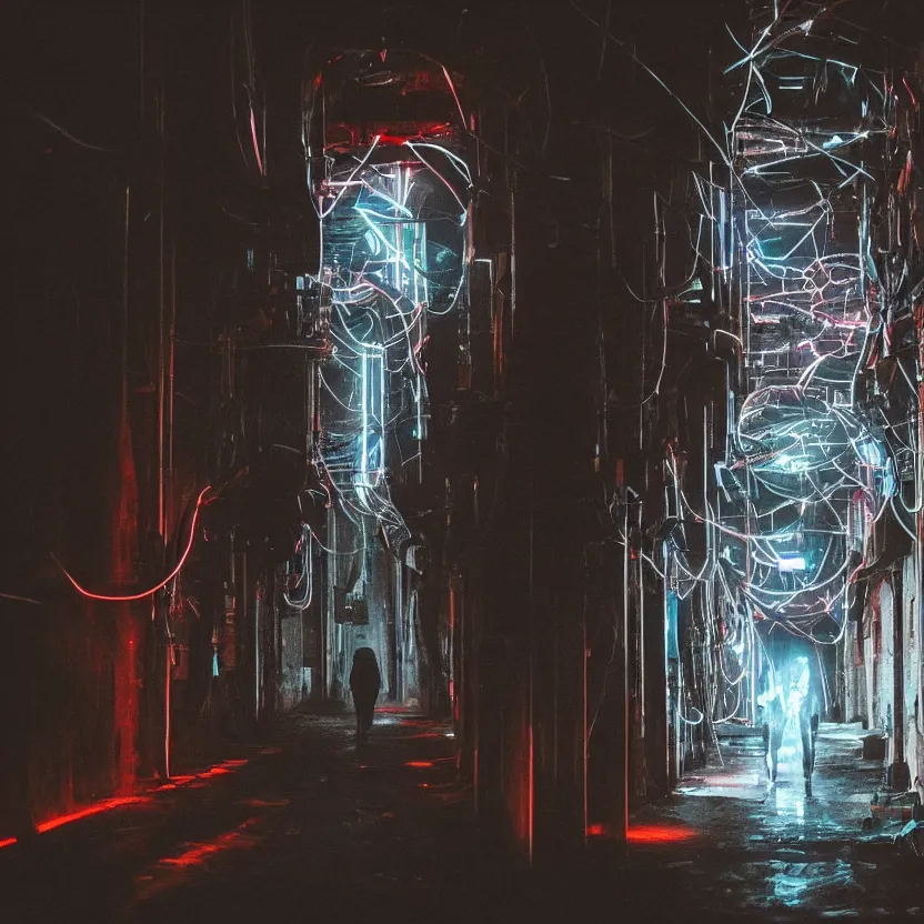 Image similar to a person in a dark tunnel with a light on, cyberpunk art by elsa bleda, trending on cg society, light and space, dystopian art, futuristic, circuitry