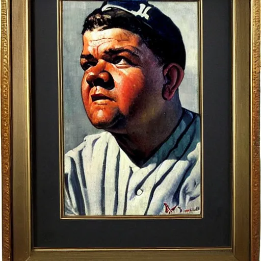 Image similar to a portrait painting of Babe Ruth. Painted by Norman Rockwell