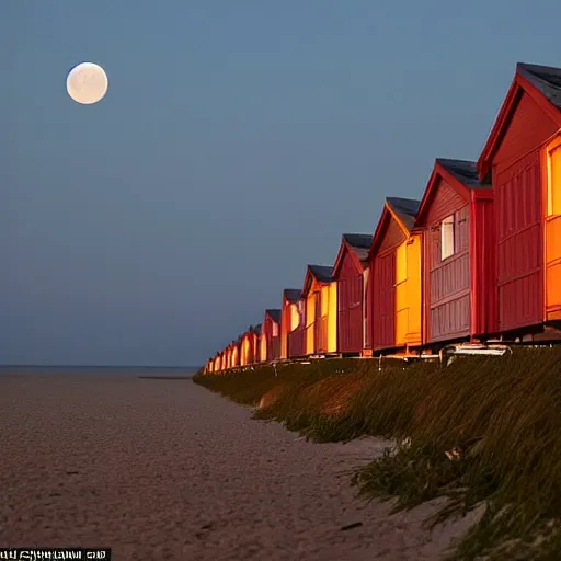 Prompt: there was a lovely orange super moon over the beach huts and the isle of wight