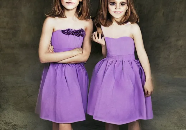 Prompt: a professional fashion model photo of Emma Watson and her twin sisters wearing purple dresses.